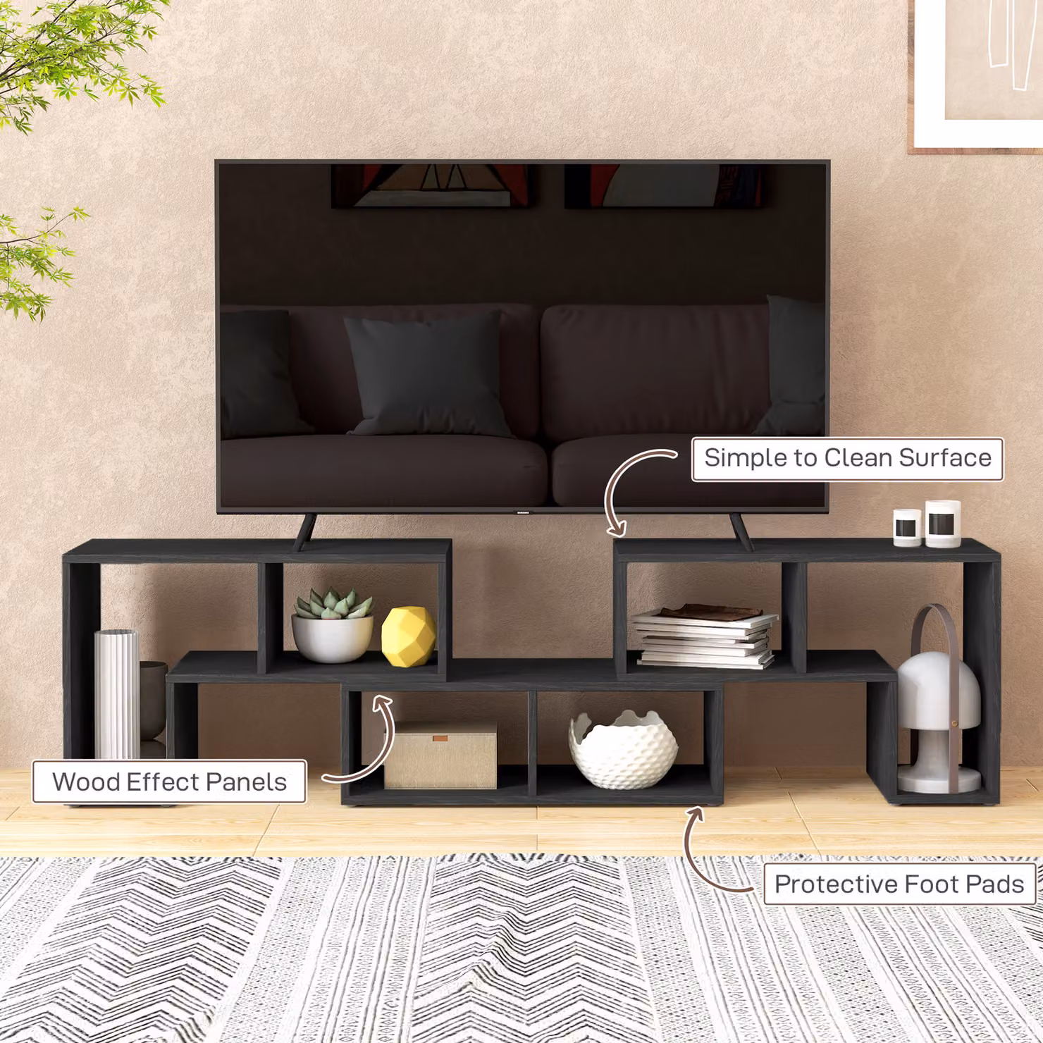 HOMCOM Extendable Black TV Stand for TVs Up to 75 Inches with Storage Shelves and Adjustable Height – 6