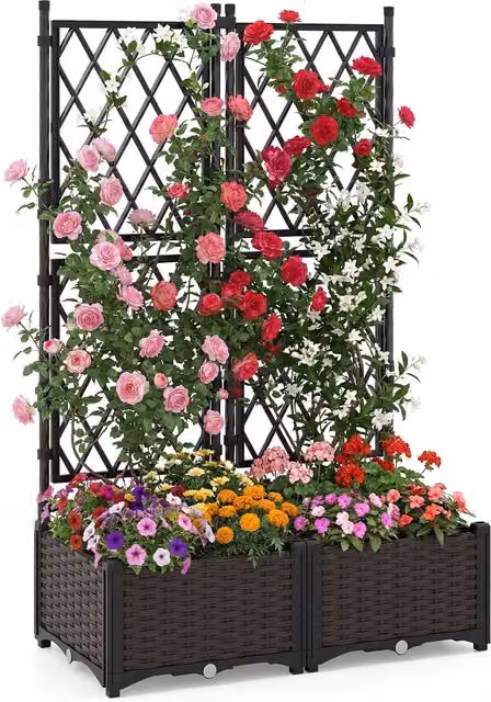 COSTWAY 2 Piece Raised Garden Bed with Trellis in Black