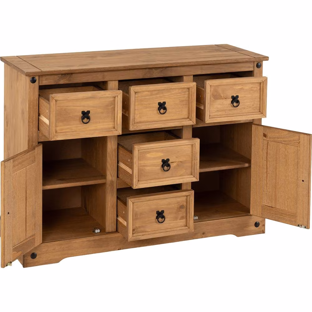 Seconique Corona Essentials 2 Door 5 Drawer Sideboard in Rustic Waxed Pine, Brown and Beige – 2