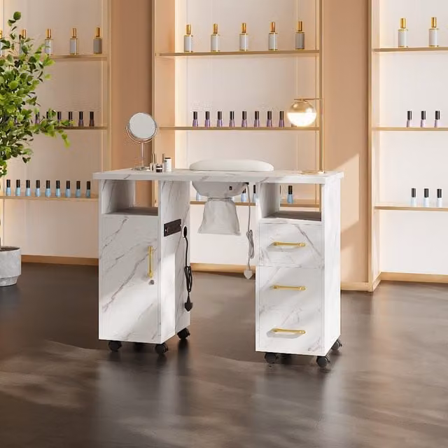 Livingandhome Professional Mobile Manicure Table with Dust Collector and Charging Station in Gold and White