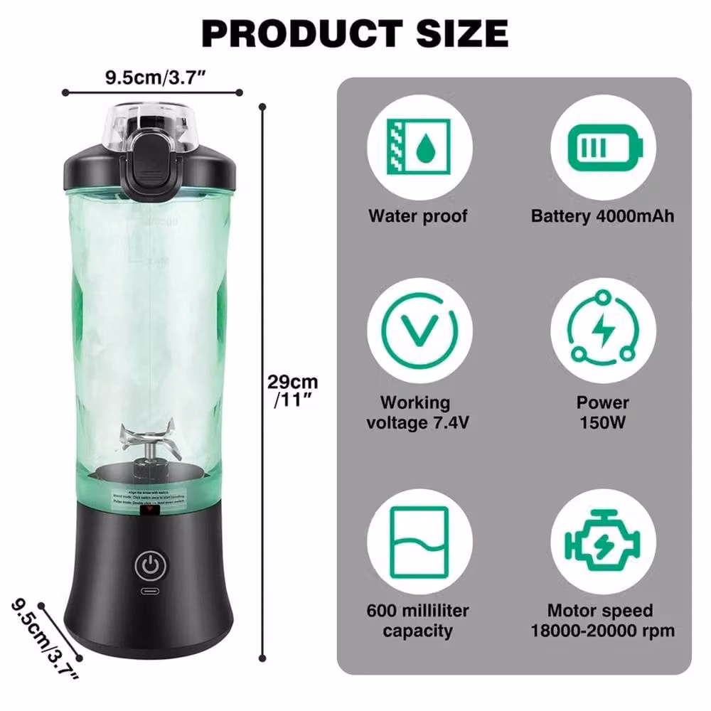 VOGREX Portable Blender with 6 Blades, 3800W Motor and 4000mAh Rechargeable Battery, Black – 2