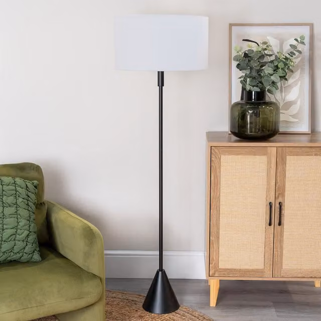 ValueLights Mitch Triangle Floor Lamp with Grey Fabric Drum Shade