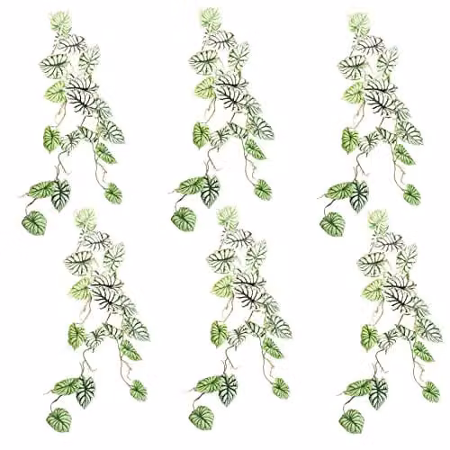Leaf Design Multipack of 6 Green Alocasia Dragon Light Artificial Hanging Trailing Plants, Length: 120 cm