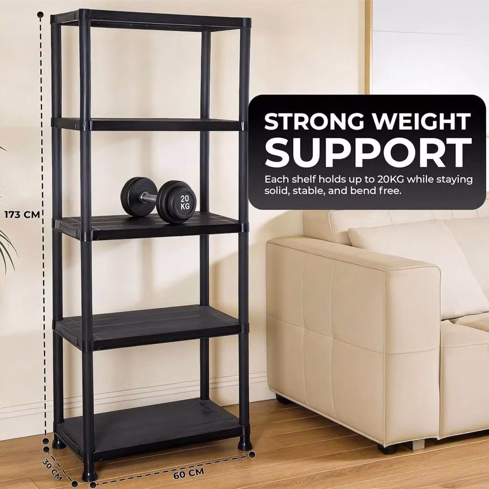 FORGEVIO 5 Tier Plastic Shelving Unit, Black, H 173 x W 60 x D 30 cm – 2
