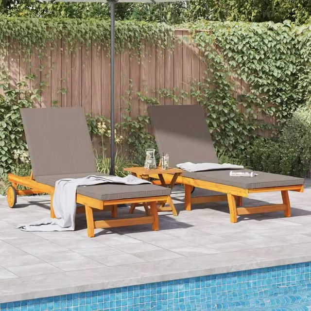 Berkfield Home Set of 3 Foldable Sun Loungers in Brown Acacia Wood with Taupe Fabric – 1