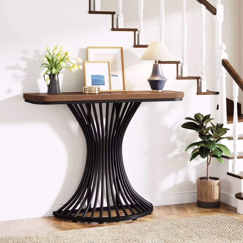 VOGREX Industrial Console Table with Metal Base and Wood Top in Brown, W/D/H: 100 x 30 x 30 cm – 3