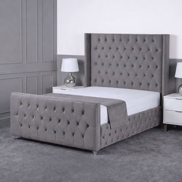 Living Comfort Bedz Executive Luxe Plush Upholstered Bed with Slatted Base and 48 Inch Headboard, Grey, W/D/H: 140 x 200 cm
