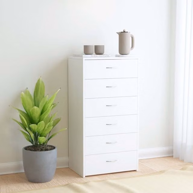 Berkfield Home White 6 Drawer Sideboard in MDF, W/D/H: 50 x 34 x 96 cm