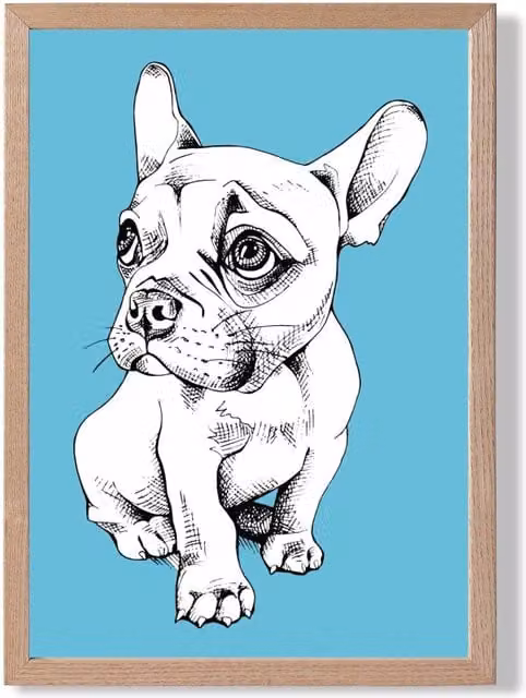 ARTZE Sketch French Bulldog Framed Print, Bright Blue, Oak Frame, A2