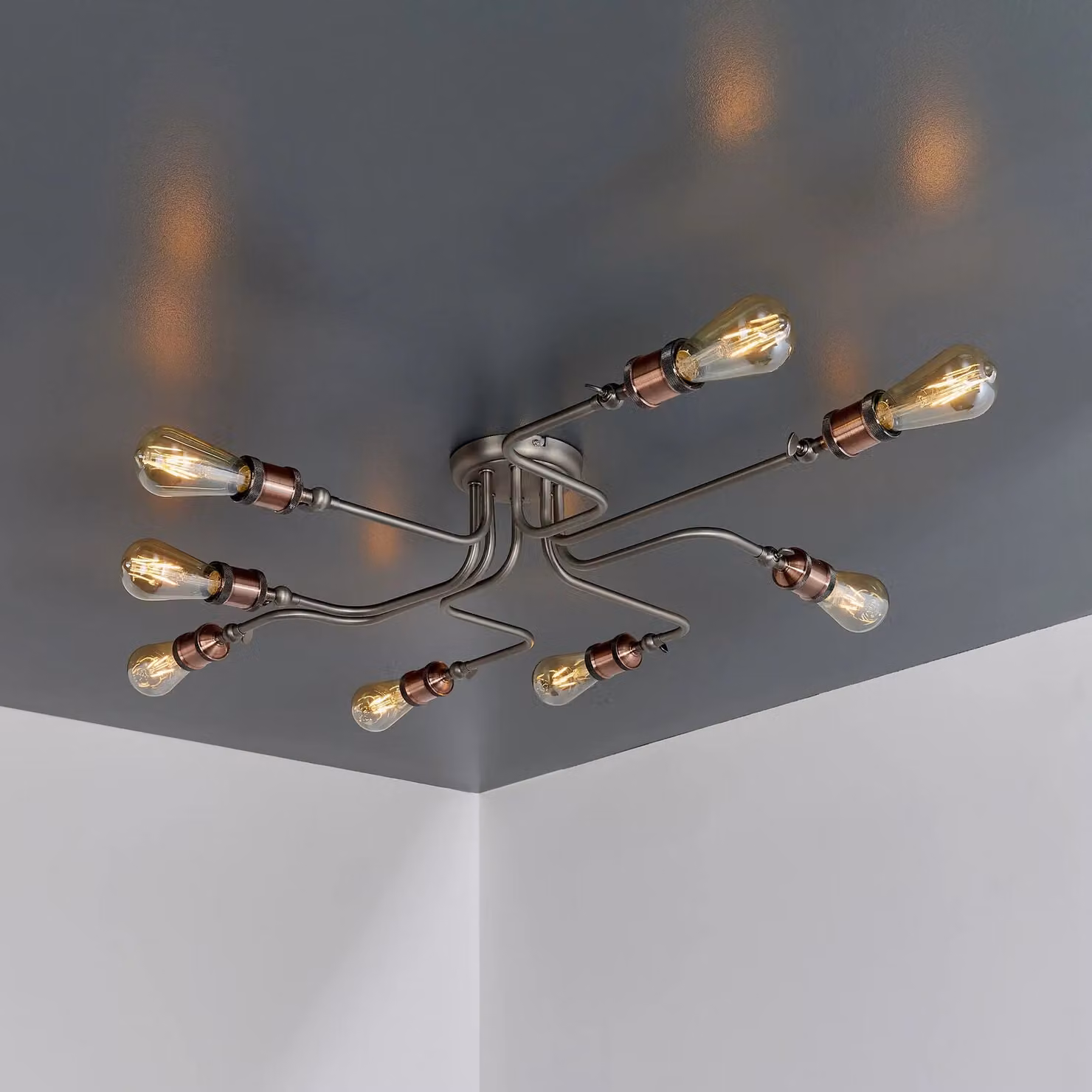 Loops Semi Flush Ceiling Light in Aged Copper and Aged Pewter with 8 x E27 GLS Bulbs – 2