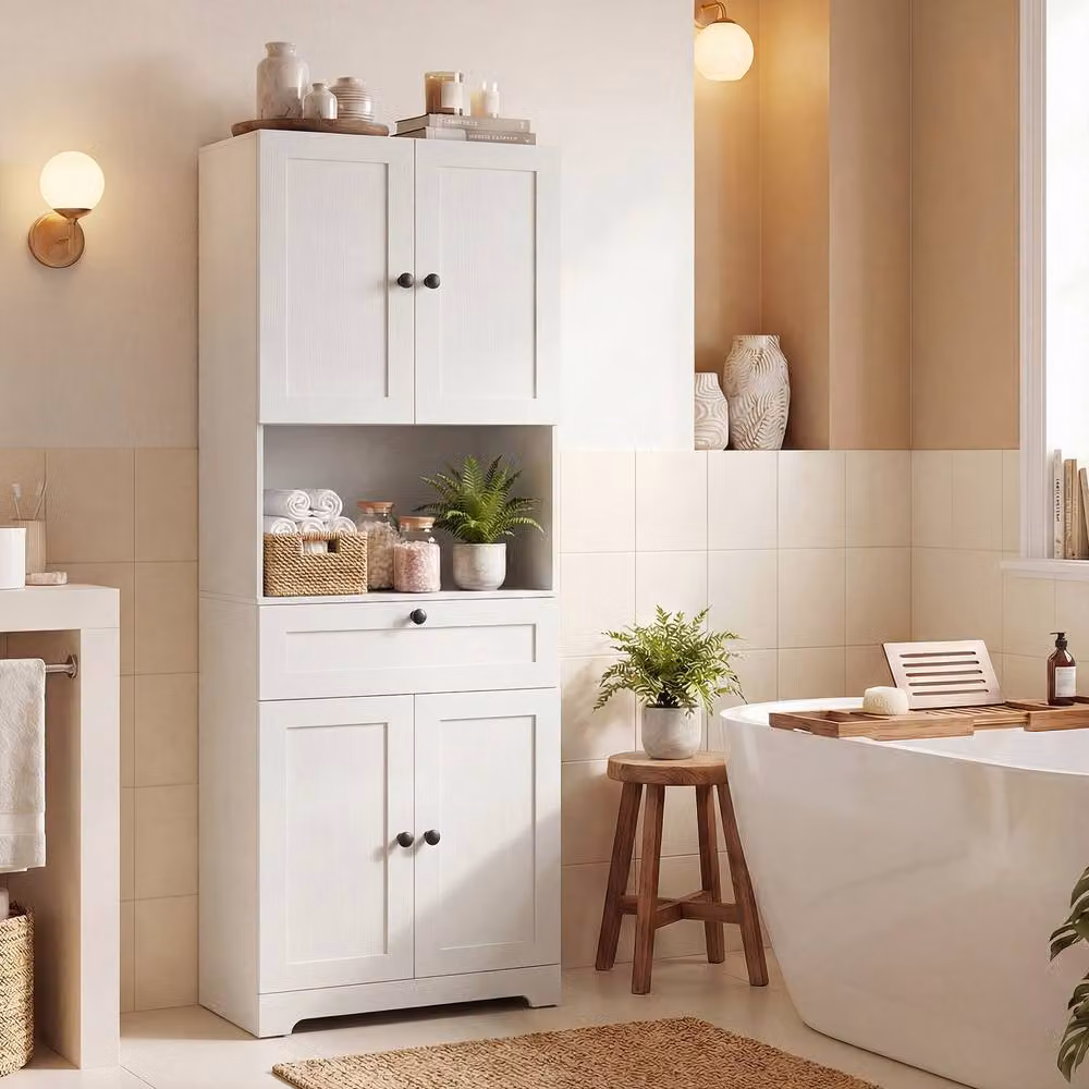 Costway Modern White Wooden Bathroom Cabinet with 4 Doors and 1 Drawer – 2