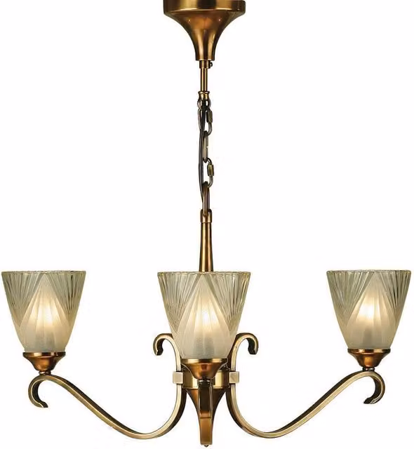 Interiors 1900 Art Deco 3 Light Suspended Ceiling Pendant Chandelier in Brass and Yellow Glass with E14 Base