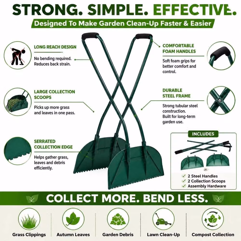 NESTLUNE Long Handled Garden Leaf Collecting Rake in Green, 1.25kg – 2
