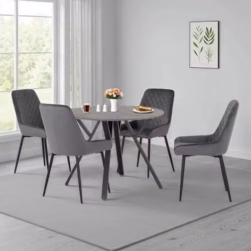 Seconique Athens Round Dining Table Set with 4 Avery Chairs in Concrete and Grey – 4