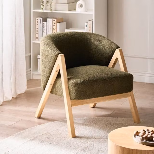 Wyld and Coco Modern Tub Armchair in Green Bouclé Fabric with Solid Rubberwood Legs