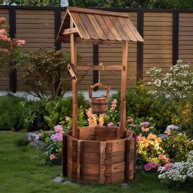 EONLION Brown Wooden Outdoor Wishing Well Planter – 1