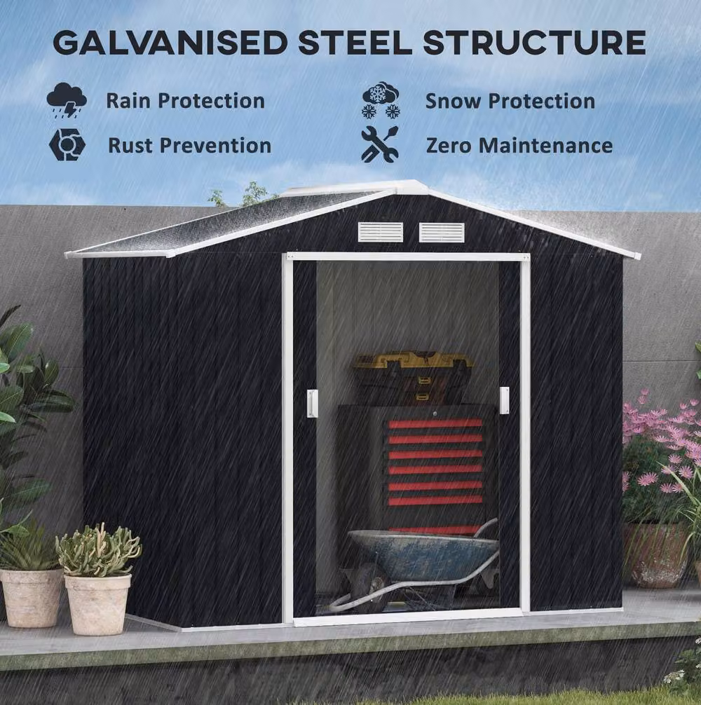 STILVORA Grey Steel Garden Shed with Lockable Double Doors, W/D/H: 213.36 x 121.92 x 185 cm – 4