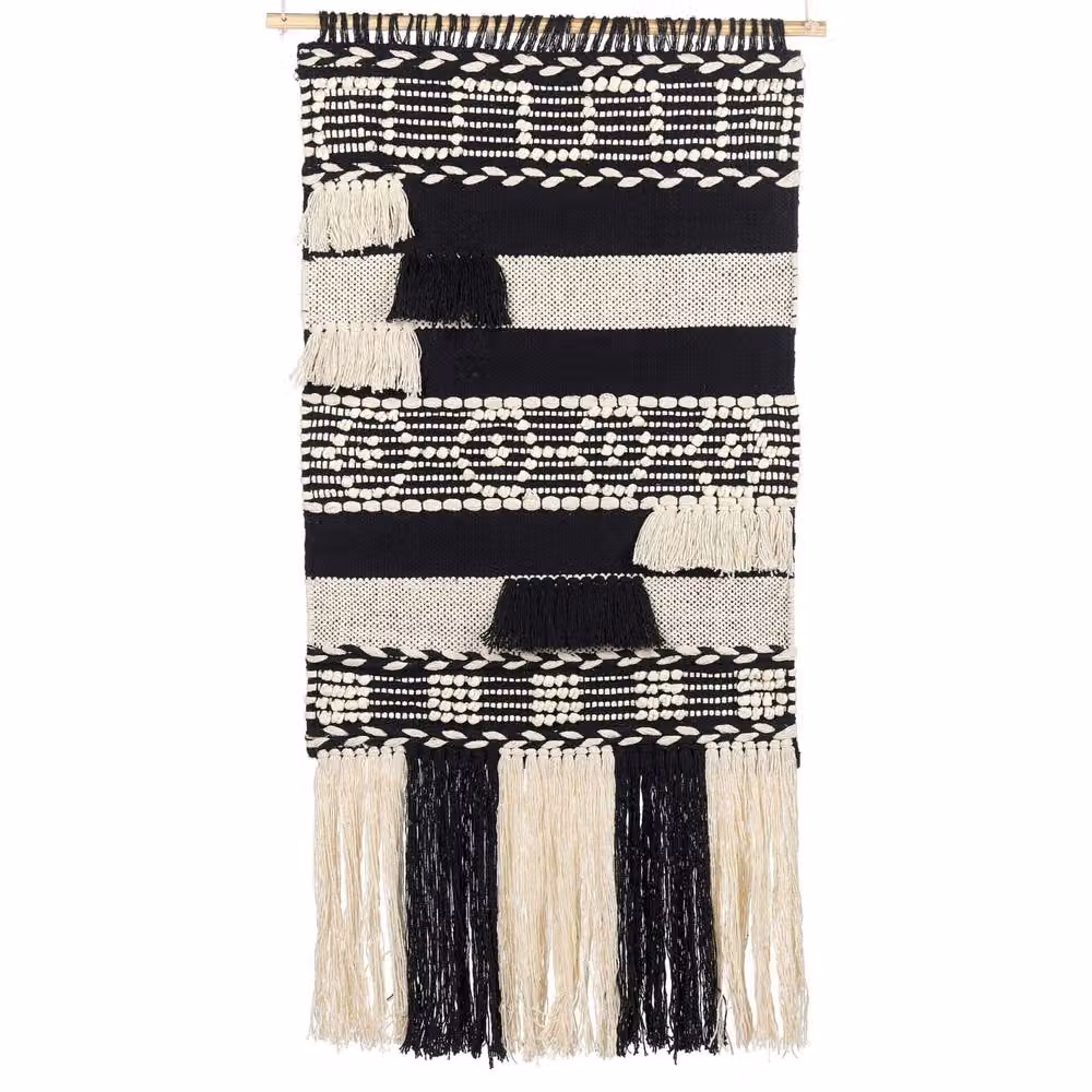 Wyld and Coco Geometric Boho Cotton Wall Hanging in Beige and Black, W: 145 cm, H: 56 cm – 2
