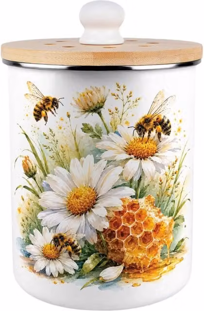 Purely Home Daisy Bees Metal Food Waste Caddy with Flip Lid, 2L, Yellow and White