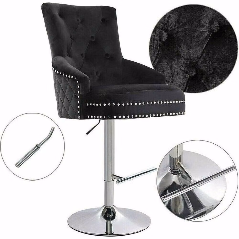 PAWNORA Set of 2 Black Velvet Lion Knocker Bar Stools with Metal Frames – 3