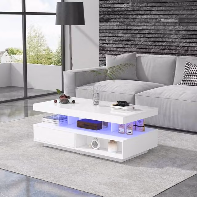 STILVORA Modern White Glossy Coffee Table with 2 Drawers, LED Lighting and Glass Top – 1