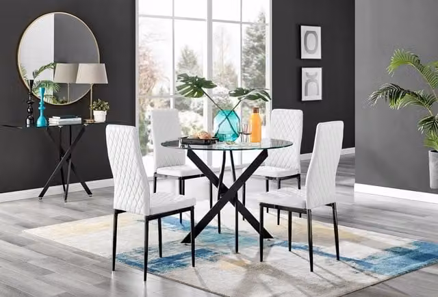 FurnitureboxUK Novara Round Glass Dining Table and 4 Milan Faux Leather Chairs in White with Black Legs