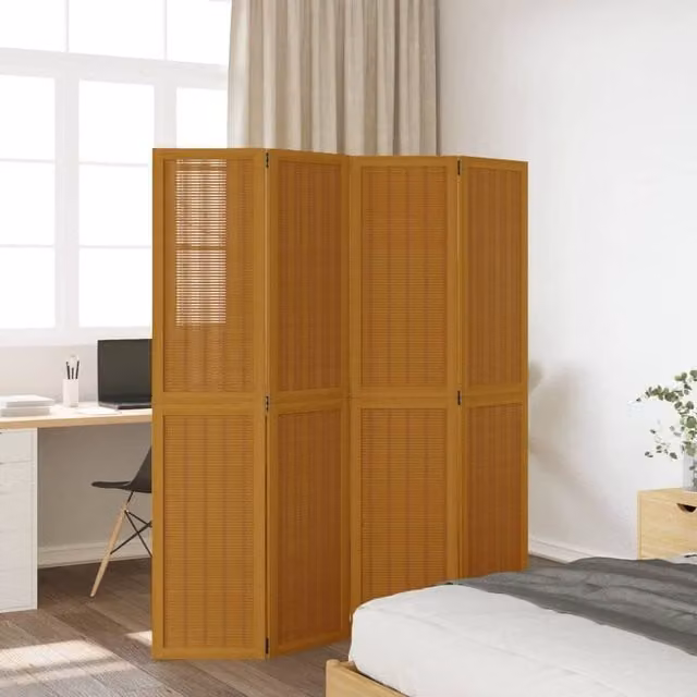 Berkfield Home 4-Panel Room Divider in Brown Solid Paulownia Wood, H 180 cm x W 140 cm
