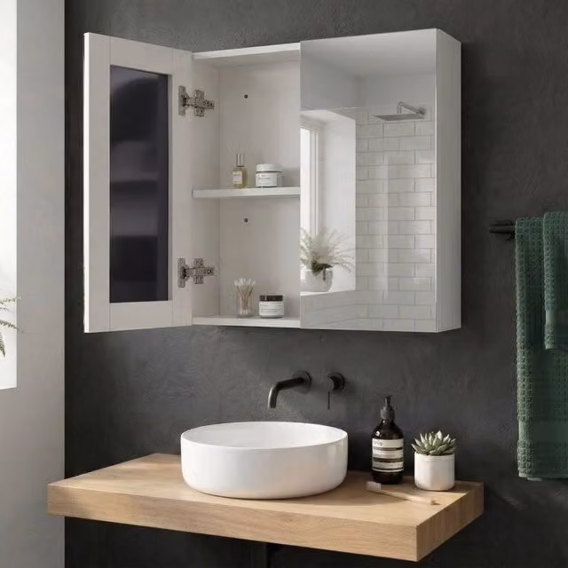 Wyld and Coco White Plywood Wall Mounted Mirror Cabinet with Two Soft Close Hinged Doors and Internal Shelves, W/H: 80 x 70 cm
