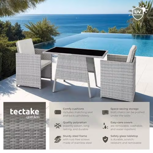 tectake Rattan Bistro Set with 2 Chairs and 1 Glass Top Table in Light Grey – 2