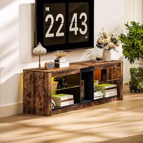 HOMCOM TV Stand Cabinet with LED Lights for TVs up to 65 inches, Rustic Brown, W/D/H: 140 x 35 x 47 cm – 8