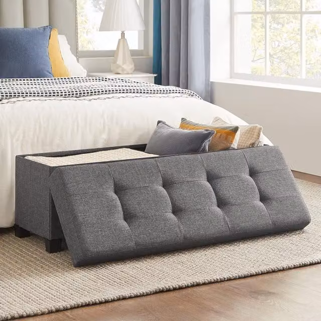 The Bazaarist Modern Grey Fabric Upholstered End of Bed Storage Bench with Side Compartments