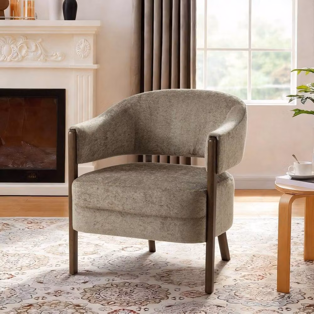 KORVIXA Brown Fabric Upholstered Tub Accent Armchair with Wood Legs, Width: 100 cm – 3