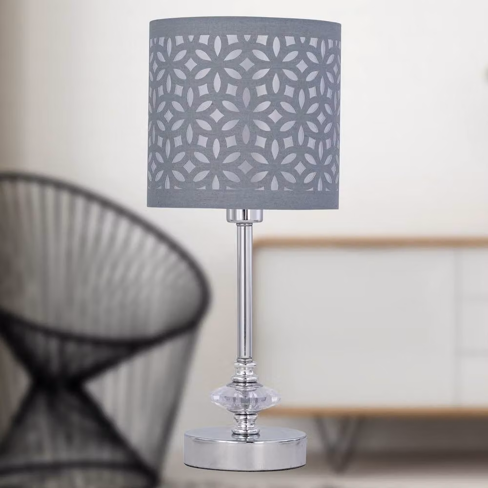 First Choice Lighting Chrome Jewelled Table Lamp with Grey Fabric Cut Out Shade in Silver – 3