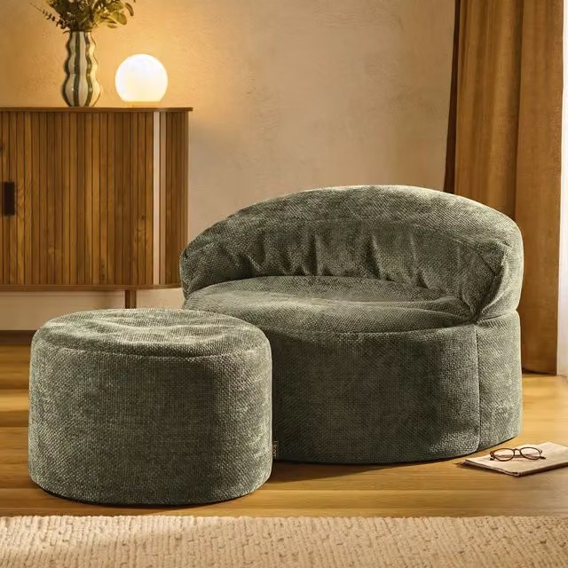 ICON Orb Accent Chair and Milano Round Footstool in Green Chenille Fabric