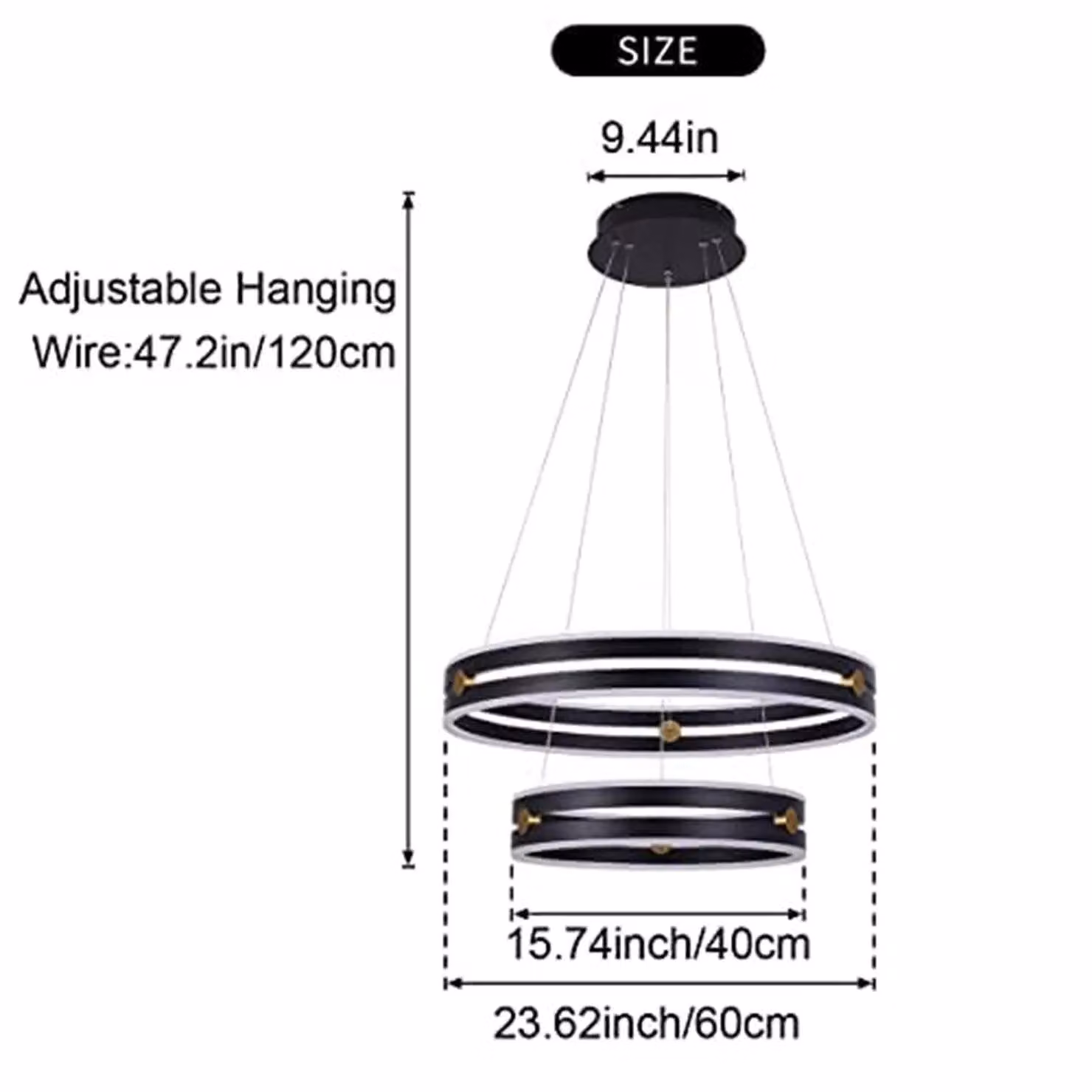 Garwarm 64W Black Acrylic 2-Ring Dimmable LED Chandelier with Remote Control – 5