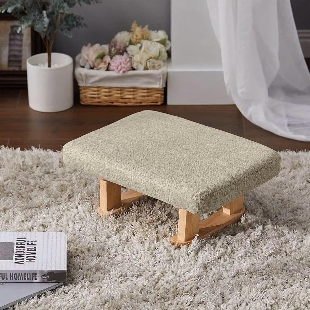 KORVIXA Khaki Linen Rectangular Ottoman Footstool and Step Stool W/D/H: 100 x 100 x 100 cm – 2