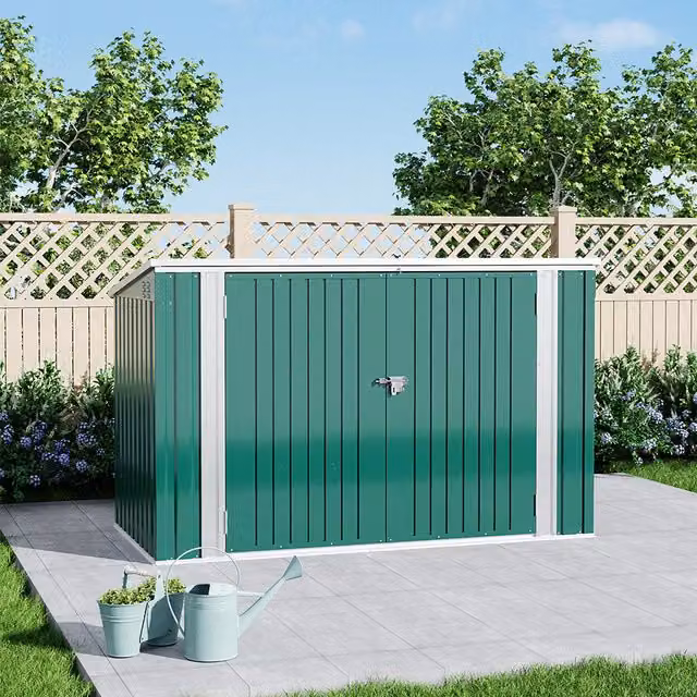 Lifeideas Metal Garden Storage Shed with Hinged Lid and Double Doors, Green, W: 207.26 cm, D: 103.63 cm, H: 216 cm