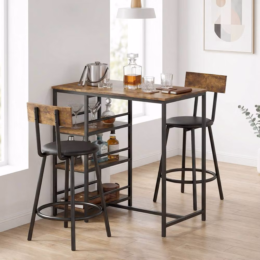 STILVORA Rustic Brown Dining Set with Rectangular Wood Table and Four Faux Leather Chairs – 3