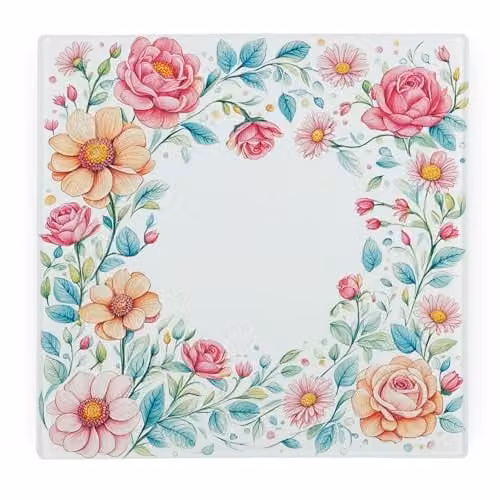 Purely Home Floral Square Glass Worktop Protector with Non-Slip Feet, Multicolour and White, W/D/H: 30 x 30 x 1 cm – 1