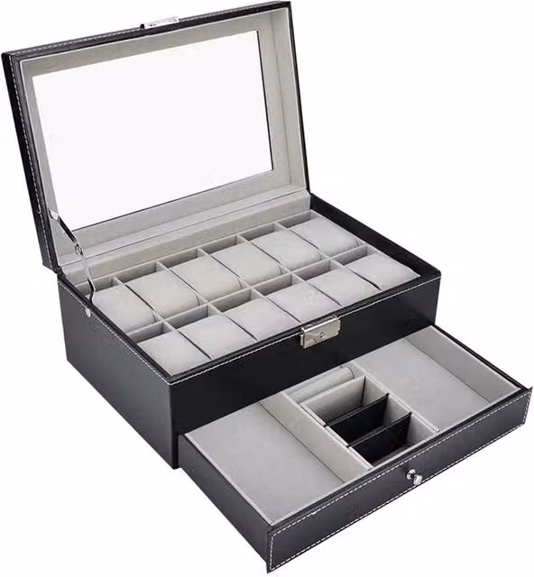 VOGREX Black Leather Watch Box with 12 Grids and Transparent Glass Display Lid – 1