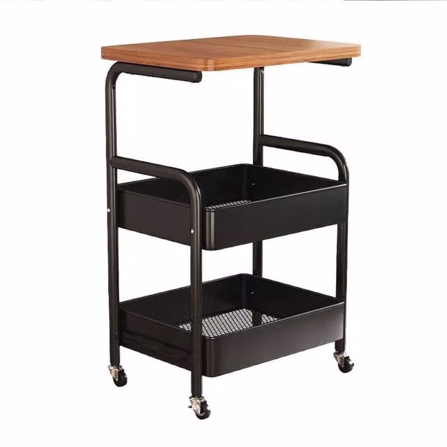 KORVIXA Black 3 Tier Rolling Utility Cart Table with Castors, W/D/H: 30 x 30 x 30 cm