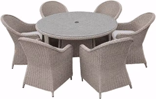 Shatchi Sorrento 6-Seater Rattan Dining Set, Round Polyrattan Garden Table and Chairs in Grey, W/D/H: 140 x 140 x 73 cm