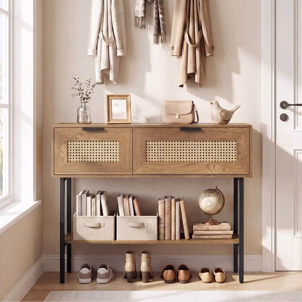 Costway Boho Rattan Console Table with Flip Doors and Open Shelf in Natural Beige – 4