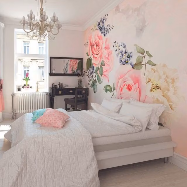 Origin Murals Roses and Sparkles Floral Wall Mural in Rose Pink