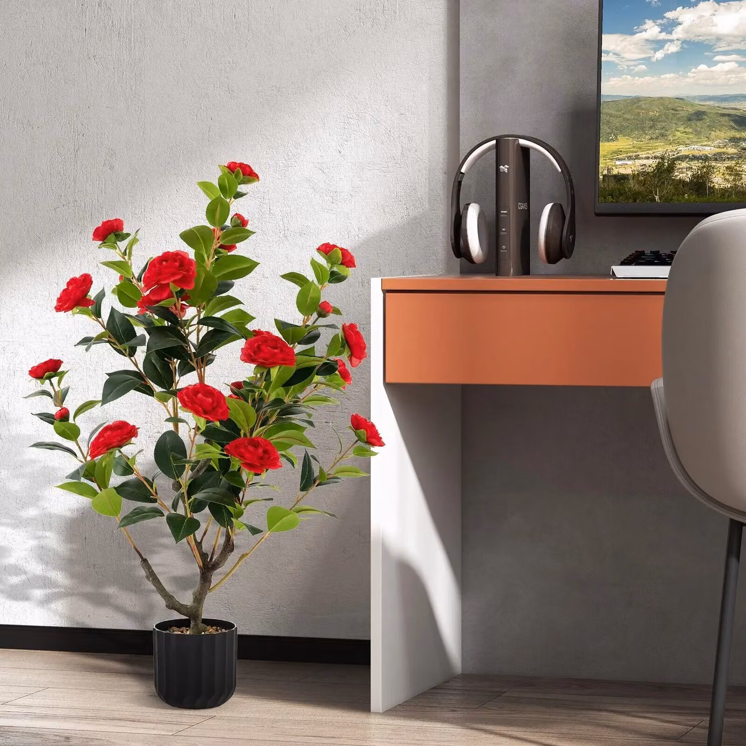 Costway Artificial Camellia Tree Faux Flower Plant in Red Cement Pot – 4