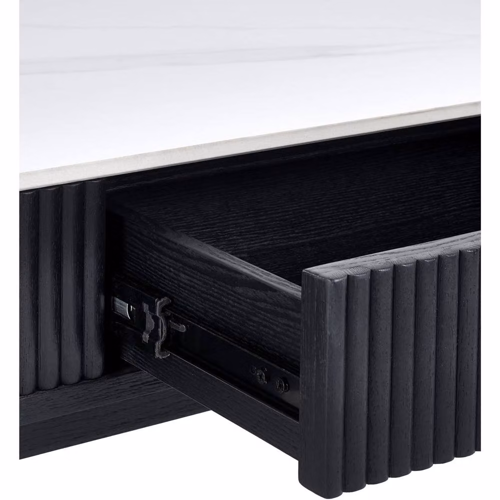 Cheshire Fluted Stone Top Coffee Table with 2 Drawers in White Marble and Black – 4