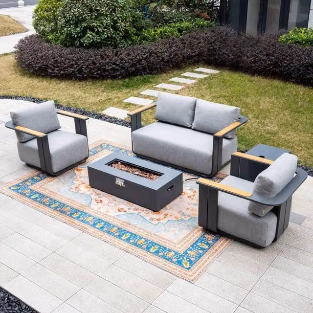 Mimo 4-Seater Grey Garden Furniture Set with Powder Coated Aluminium Frame, Teak Accents and Iron Firepit Table – 1