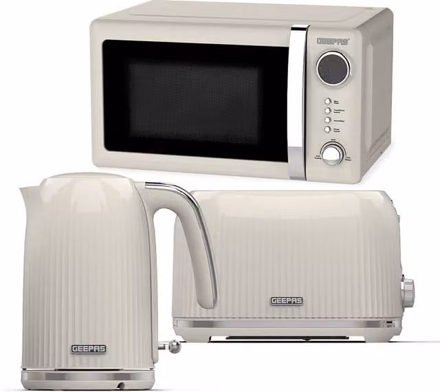 Geepas Fluted Kitchen Set with 1.7L Kettle, Toaster and 20L Digital Microwave in Beige – 1