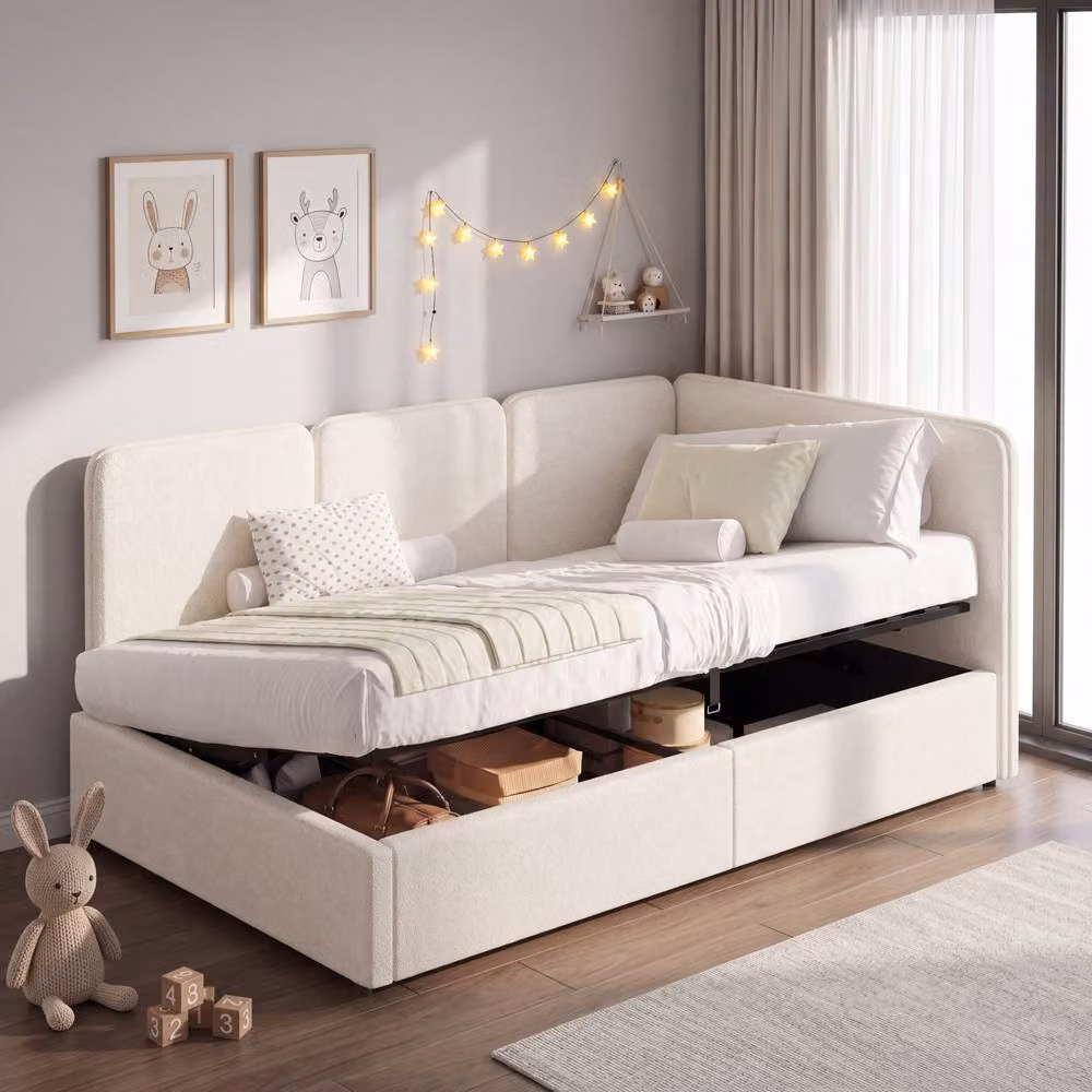 Merax Modern Beige Bouclé Upholstered Single Ottoman Daybed with Reversible Corner and Lift Up Base W/D/H: 190 x 90 x 76.5 cm – 3