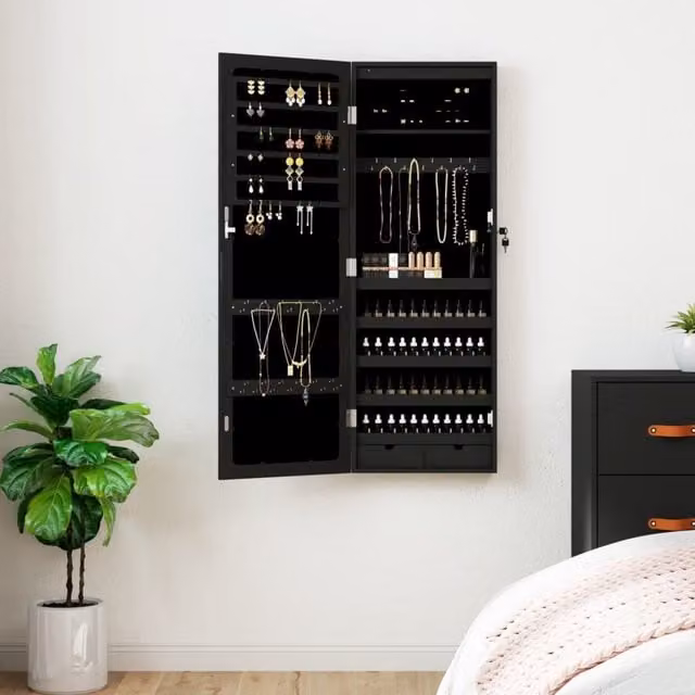 Berkfield Home Wall Mounted Mirror Jewellery Cabinet with LED Lights in Black – 1